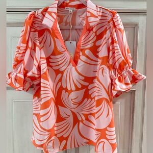 NWT SZ L Mary Square Orange and Pink Patterned Blouse